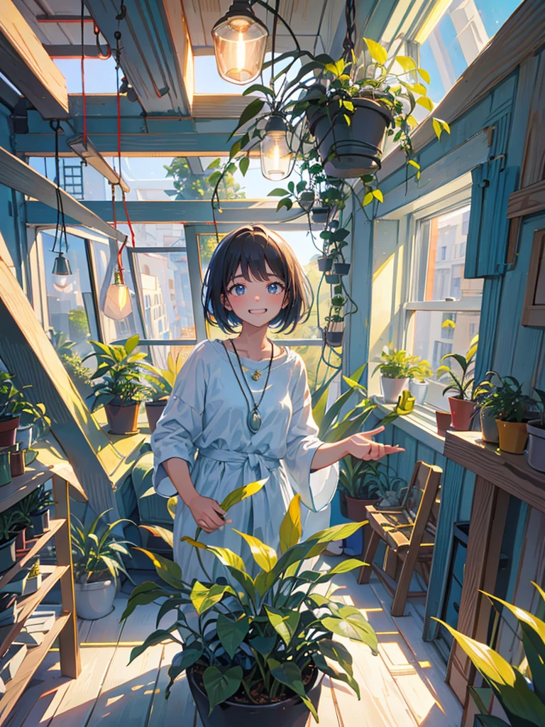 Greeting with a friendly smile, Many pendant lights, Foliage plant, Lots of windows