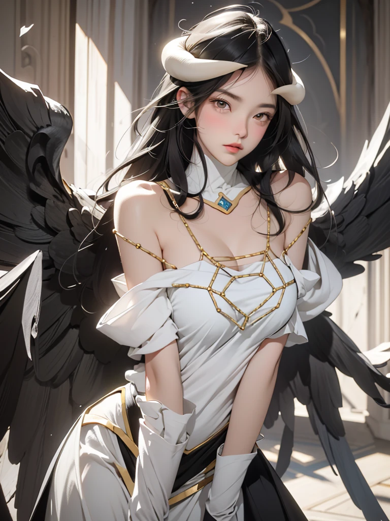 A masterpiece, best quality, ultra-detailed illustration with epic lighting, cinematic composition, isometry, (hexagons:1.2), 1 girl with horns, solo, yellow eyes, black hair, long hair, (low wing:1.2), large cleavage, bare shoulders, hair between eyes, medium breasts, (white dress:1.1), golden decoration, detached collar, viewing the viewer, semi-closed eyes, (viewing the viewer:1.1), parted lips, blush, black feathers falling, arena, particle effects, (8K:1.1) sexy ultra-detailed illustration 