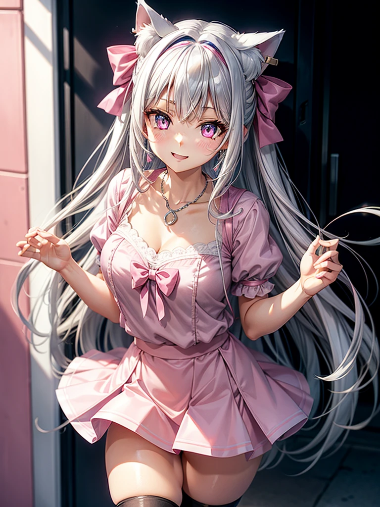 Silver hair, pink eyes, body, cat ears, sexy girl, earrings, kawaii background, hair bows, pink blue blouse, skirt uniform, bells necklace, happy face,  thigh up, Professional photo
