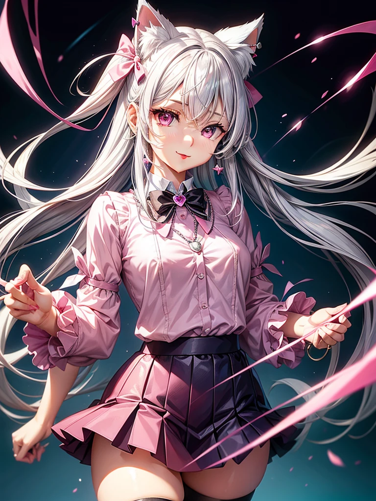 Silver hair, pink eyes, body, cat ears, sexy girl, earrings, kawaii background, hair bows, mitsuri, blouse, skirt uniform, bells necklace, happy face, thigh up, Professional photo