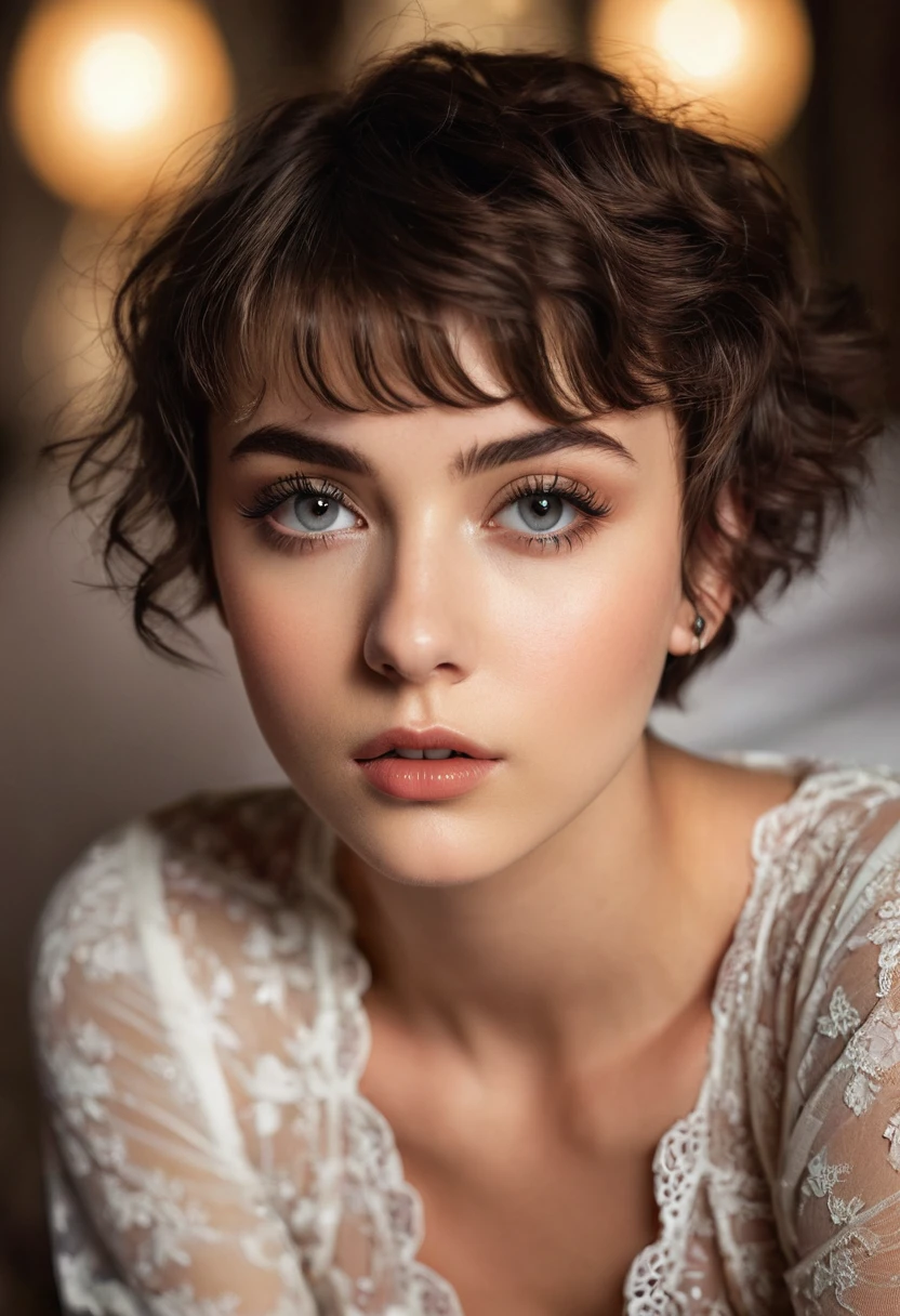 a beautiful 20-year-old model, pixie cut hair, lace nightgown, fashion photography, beautiful detailed eyes, beautiful detailed lips, extremely detailed face and eyes, long eyelashes, elegant pose, soft lighting, warm color tones, high contrast, dramatic shadows, cinematic, photorealistic, 8k, best quality, hyper detailed