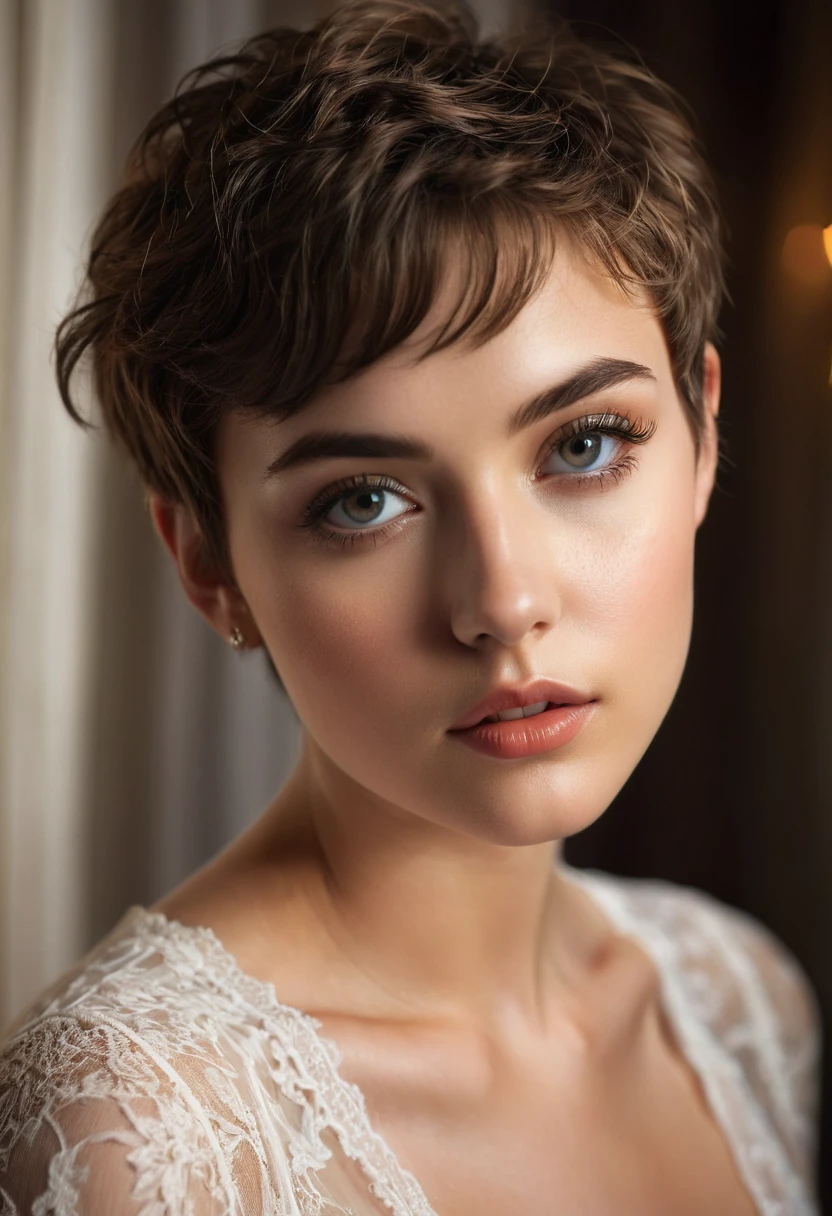 a beautiful 20-year-old model, pixie cut hair, lace nightgown, fashion photography, beautiful detailed eyes, beautiful detailed lips, extremely detailed face and eyes, long eyelashes, elegant pose, soft lighting, warm color tones, high contrast, dramatic shadows, cinematic, photorealistic, 8k, best quality, hyper detailed