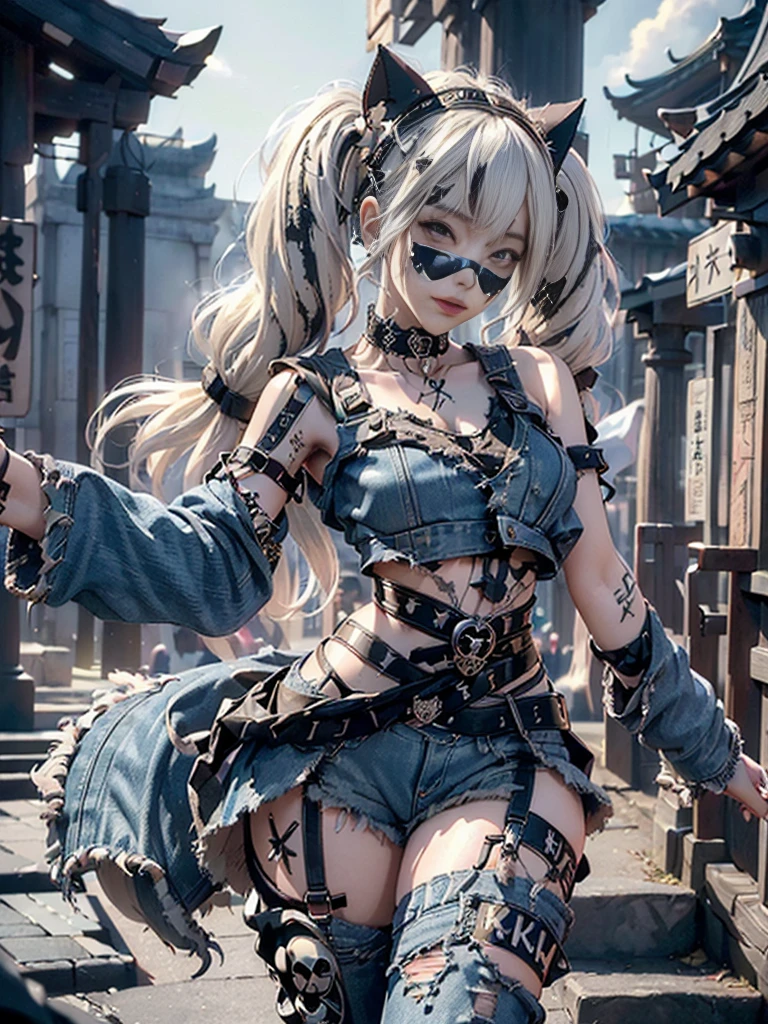 (Full Body View:1.3)、(Beautiful lips and nose:1.4)、(Long eyelashes:1.4)、(Side view:1.1)、(Smiling with teeth showing:1.3),(Shibuya Gal:1.5)、(Gothic Lolita delicately decorated dress:1.5)、(Tattered denim and black punk rock cargo pants:1.5)、(Denim and black navy skull mark small jacket:1.4)、(denim garter belt:1.5)、(Black and denim knee socks:1.3)、(Skull Silver Accessories:1.5)、(Denim collar:1.3)、(Brown Skin Belt:1.4)、(Brown boots:1.2)、(The underwear is striped:1.4)、31 years old、((Highest quality、In 8K、masterpiece:1.3))、Sharp focus:1.2、(Layered Cut、Huge boobs:1.1),Beautiful woman with perfect figure:1.4、(Dancing vigorously:1.3)、Slender Abs:1.2、Highly detailed face and skin texture、Detailed eyes、double eyelid,(Twin tails:1.3)、(Cream colored hair:1.3)、Gravure idol、(The background is a gorgeous temple in the sky:1.3)、(Slim body:1.2),(Make your legs thinner:1.4),(clavicle:1.1)