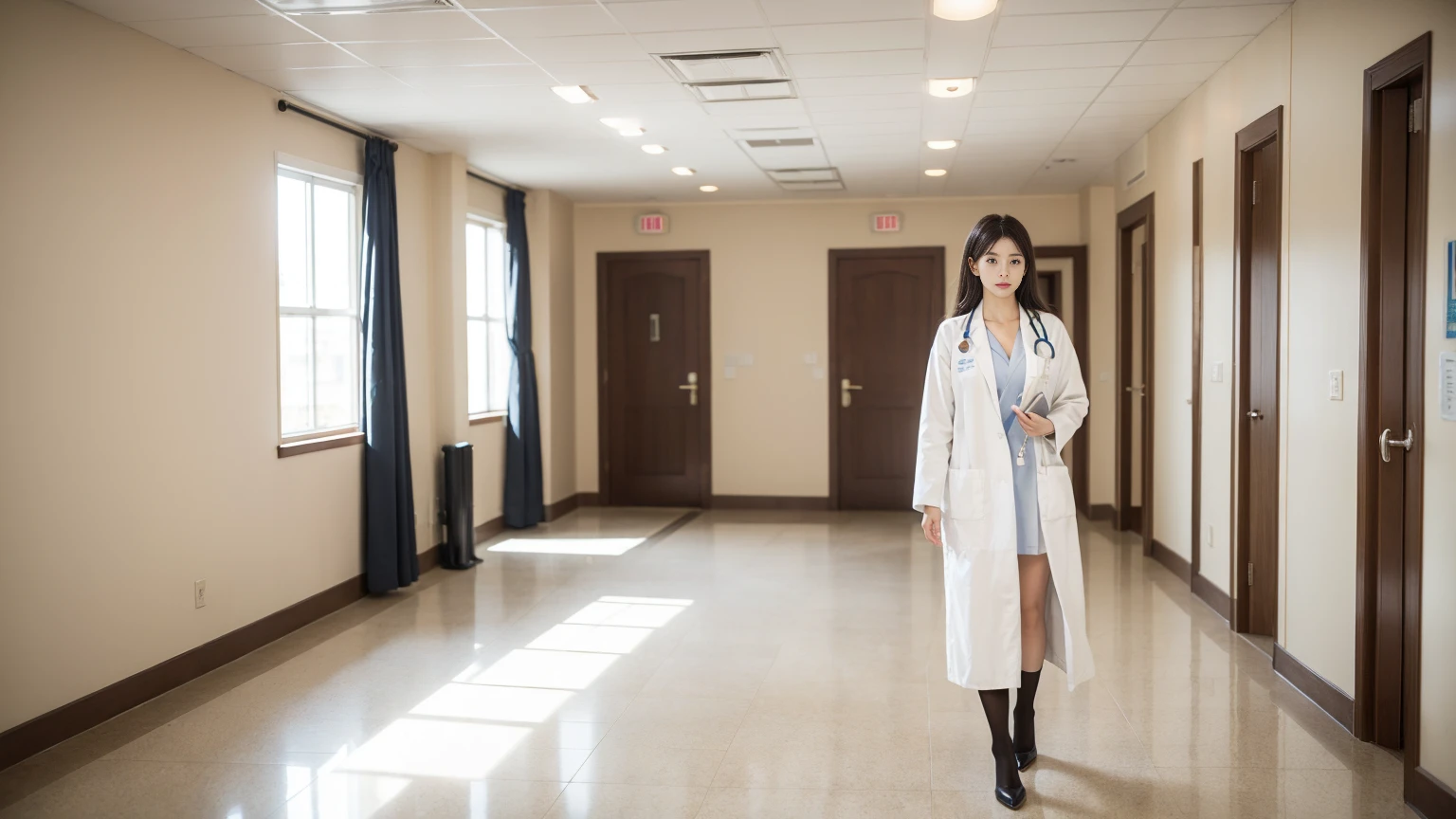 (Realistic:1.4), Highest quality, masterpiece, Ultra-high resolution, 
"High-quality photo look、Walking down a bright and clean hospital corridor、A beautiful female doctor in a white coat。She has big breasts and you can see her cleavage and black stockings through the gap in her white coat.。She has a professional look、Holding a file or tablet in hand。In the background of the corridor、Several examination room doors and medical equipment are visible.。Natural light、The overall atmosphere is bright and calm。Realistic texture and detailed depiction。