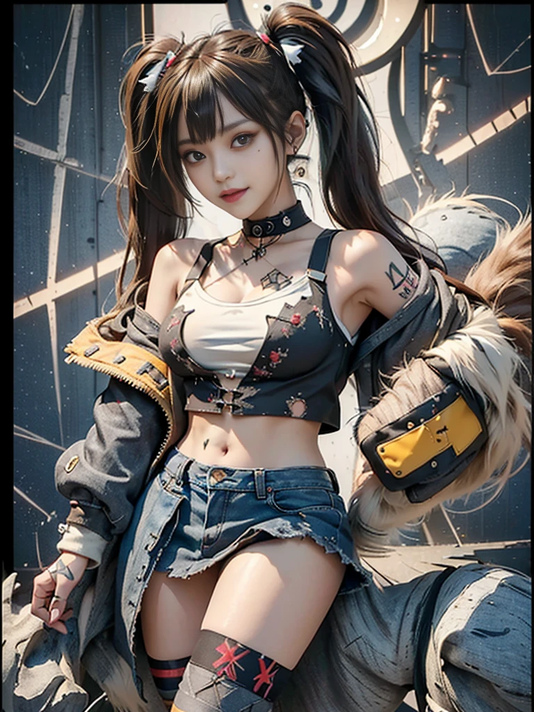 (Full Body View:1.3)、(Side view:1.1)、(Beautiful face:1.3)、(Smiling with teeth showing:1.3),(Shibuya Gal:1.5)、(Beverly Hills Whore:1.4)、(Neo-goth fashion:1.5)、(Punk RockVisual Kei:1.4)、(Modern white and red short jacket:1.5)、(Tattered brown and charcoal denim micro mini skirt:1.5)、(Mustard Yellow Headband:1.3)、(Charcoal and khaki striped knee socks:1.4)、collar、White long boots、(We sell patterned underwear with logos.:1.4)、15 years old、NSFW,((Highest quality、In 8K、masterpiece:1.3))、Sharp focus:1.2、(Layered Cut、Huge boobs:1.1),Beautiful woman with perfect figure:1.4、(Open legs:1.3)、(Raise your arms:1.2)、(Open your crotch:1.3)、Slender Abs:1.2、Butt、Highly detailed face and skin texture、Detailed eyes、double eyelid,(Twin tails:1.3)、(Light brown hair:1.3)、Dynamic Pose、Obscene pose、Humiliating pose、Gravure idol、(luxury fashion show stage:1.3)、(Make your legs thinner:1.4)、(Slim body:1.3)、(clavicle:1.1)