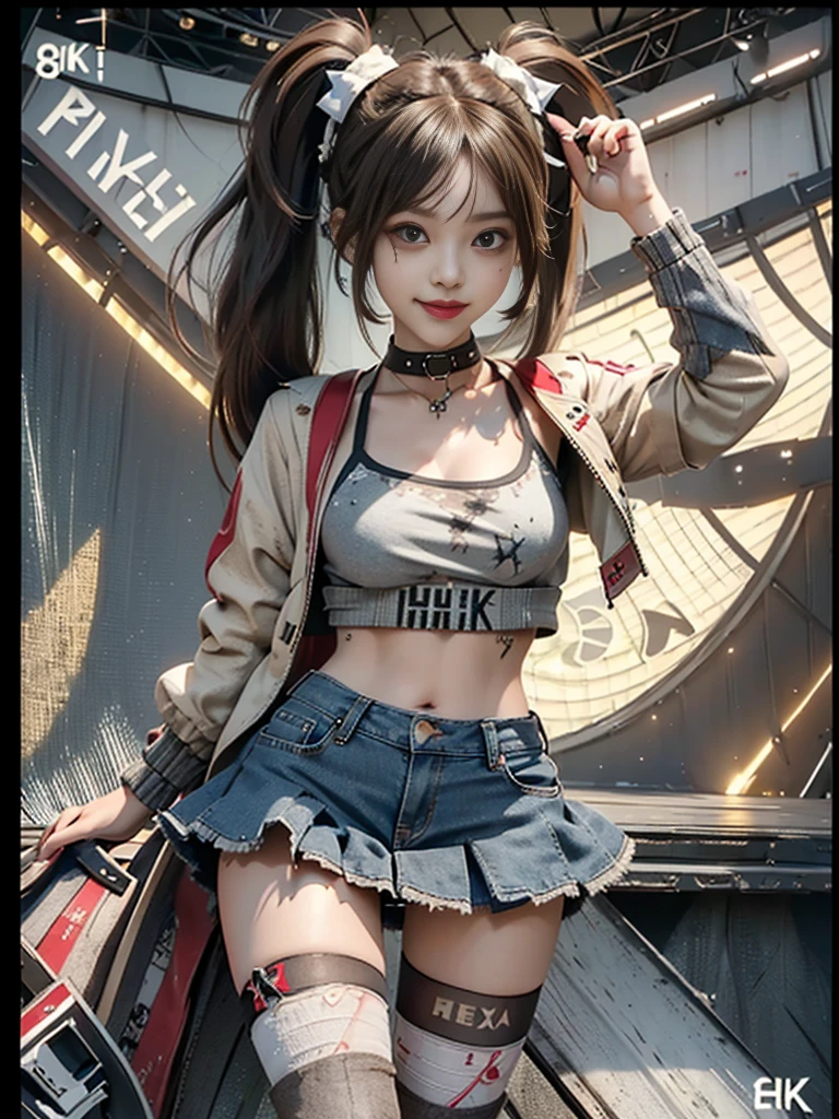 (Full Body View:1.3)、(Side view:1.1)、(Beautiful face:1.3)、(Smiling with teeth showing:1.3),(Shibuya Gal:1.5)、(Beverly Hills Whore:1.4)、(Neo-goth fashion:1.5)、(Punk RockVisual Kei:1.4)、(Modern white and red short jacket:1.5)、(Tattered brown and charcoal denim micro mini skirt:1.5)、(Mustard Yellow Headband:1.3)、(Charcoal and khaki striped knee socks:1.4)、collar、White long boots、(We sell patterned underwear with logos.:1.4)、15 years old、NSFW,((Highest quality、In 8K、masterpiece:1.3))、Sharp focus:1.2、(Layered Cut、Huge boobs:1.1),Beautiful woman with perfect figure:1.4、(Open legs:1.3)、(Raise your arms:1.2)、(Open your crotch:1.3)、Slender Abs:1.2、Butt、Highly detailed face and skin texture、Detailed eyes、double eyelid,(Twin tails:1.3)、(Light brown hair:1.3)、Dynamic Pose、Obscene pose、Humiliating pose、Gravure idol、(luxury fashion show stage:1.3)、(Make your legs thinner:1.4)、(Slim body:1.3)、(clavicle:1.1)
