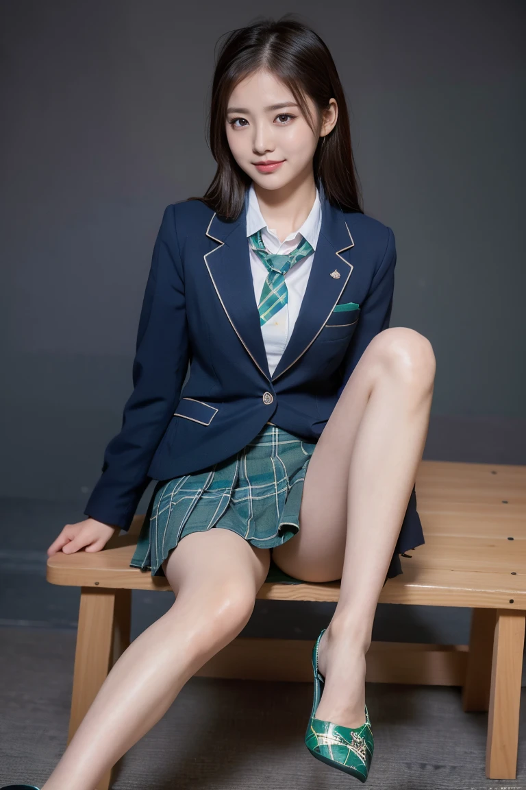 (8k), (highest quality: 1.2), (Realistic), (Realistic: 1.37), Ultra-high resolution, (1 girl), cute, blush,Embarrassed smile, Beautiful details, Beautiful Nose, straight Hair, Giant Dulcefo, pork, Thighs,Self Snap,University Uniforms,(A simple dark blue blazer:1.4),(green Pleated skirt:1.2),(The skirt and tie are black tartan check pattern.:1.3),(Sitting:1), Sit on the bench,(Hold my feet:1),(Shiny 太い legs:1.2),from the front,knees,(ニーハソックス:1.2)