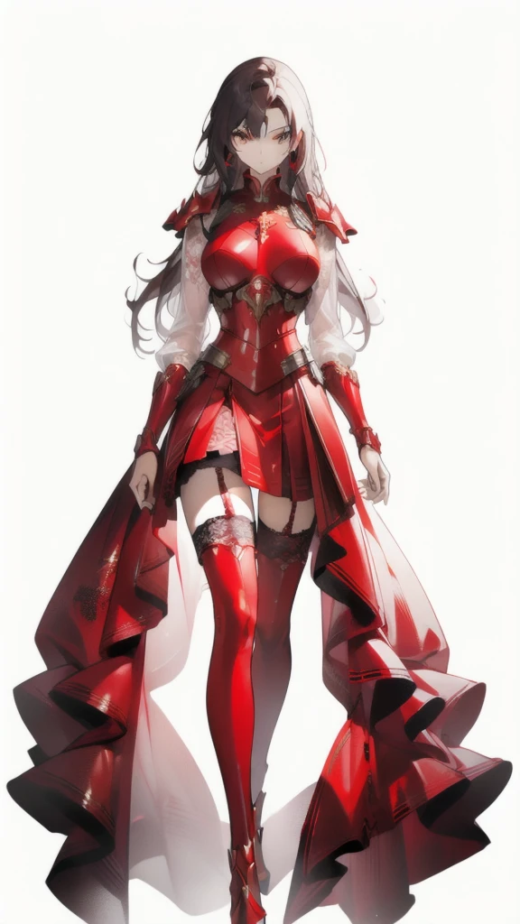 ((masterpiece, best quality)), Delicate face,Red priest in armored suit,whole body,Standing picture,Long legs,natural breast,Perfect body proportions,Pretty golden eyes,Extremely beautiful,transparent, Pure white background,sexly_比基尼,Lace,Garter stockings