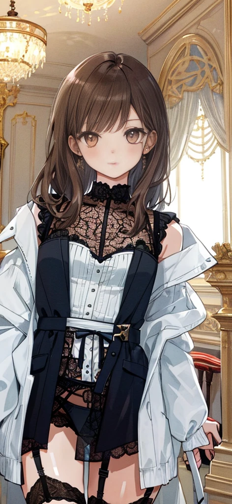 ((masterpiece)), ((best quality)), ((ultra detailed)), ((kawaii)), cute, (lovely), ((extremely detailed)), ((8K)), (beautiful), full body, luxury room, a cute girl, 1girl, solo, blue mini camisole dress,beautiful darkbrown hair, ((detailed beautiful brown eyes)), white-skinned, flat breast, tiny breast, garter belt,(garter stockings:1.4),pink eyeshadow,(standing:1.4),full body