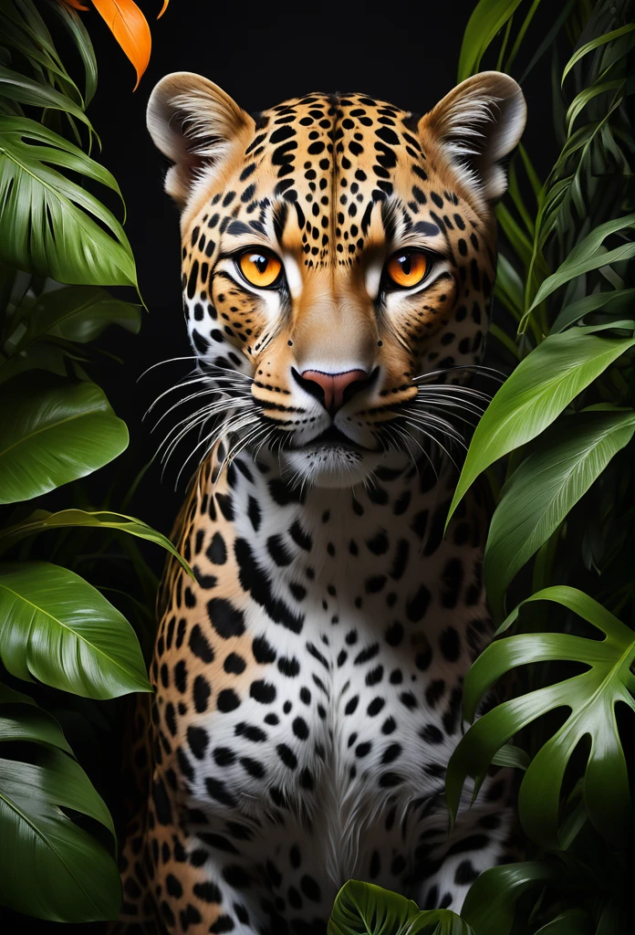 Lush plants,A fierce leopard in the jungle,1leopard,orange piercing eyes,black and white,dark background,photorealistic,realistic,high quality,high resolution,ultra detailed,masterpiece,studio lighting,cinematic lighting,dramatic lighting