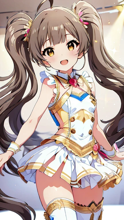 masterpiece, best quality, 4k, caustics, high details, sparkle, front view, solo live, 1girl, ****ta, twin tails, ahoge, flaxen color hair, straight bangs, (gold color eyes), droopy eyes, sparkling eyes, flat chest, small breasts, slender, super happy smile, open mouth, extreamely detailed background, live stage, neon light, many audience, cute idol dress, light pink costume, mini skirt, thigh-high socks, boots, hold the microphone in your hand, sing a song, singing, illuminated by a spotlight, Backlit