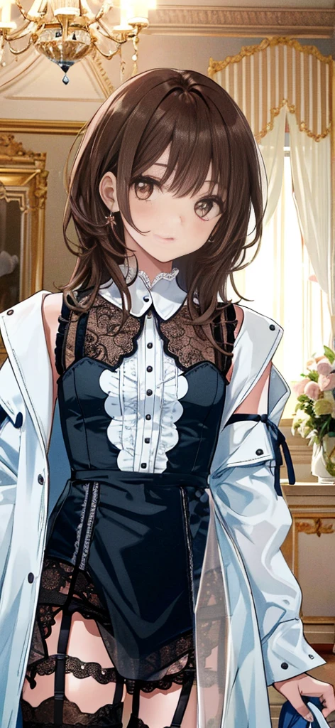 ((masterpiece)), ((best quality)), ((ultra detailed)), ((kawaii)), cute, (lovely), ((extremely detailed)), ((8K)), (beautiful), full body, luxury room, a cute girl, 1girl, solo, blue mini camisole dress,beautiful darkbrown hair, ((detailed beautiful brown eyes)), white-skinned, flat breast, tiny breast, garter belt,(garter stockings:1.4),pink eyeshadow,(standing:1.4),full body
