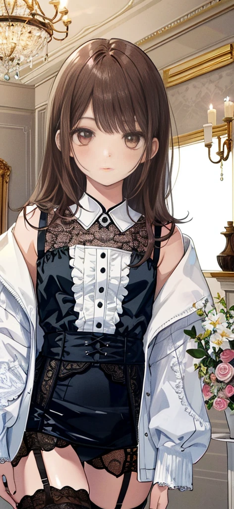 ((masterpiece)), ((best quality)), ((ultra detailed)), ((kawaii)), cute, (lovely), ((extremely detailed)), ((8K)), (beautiful), full body, luxury room, a cute girl, 1girl, solo, blue mini camisole dress,beautiful darkbrown hair, ((detailed beautiful brown eyes)), white-skinned, flat breast, tiny breast, garter belt,(garter stockings:1.4),pink eyeshadow,(standing:1.4),full body