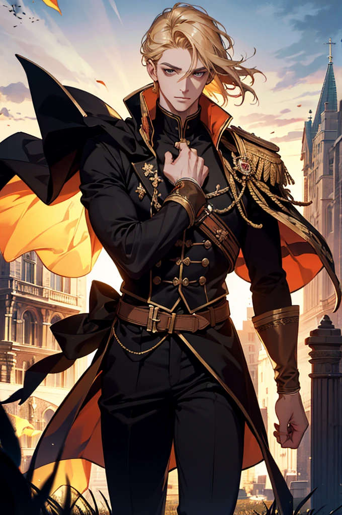 (absurdres, highres, ultra detailed), 1 male, adult, handsome, tall muscular guy, broad shoulders, finely detailed eyes and detailed face, fantasy, night, dark theme, cinematic lighting, colorful, portrait, flying petal, Flowery meadow, cloudy sky, building, sun, light, dutch angle, cowboy shot, golden hair, burning, golden flames, white and red uniform, short hair, standing in front of sun