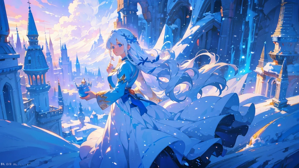 In a snowy landscape, there is a beautiful anime girl with long white hair and a blue dress. Her white hair is flowing and floating in the air, creating a mystical and ethereal atmosphere. She looks like a goddess with her enchanting appearance, exuding an aura of youth and beauty. The artwork is in a fantasy anime style, depicting the girl in a whimsical and magical setting. The flowing and glowing hair adds a touch of radiance and grace to the character. The overall artwork is a beautiful digital masterpiece, showcasing the beauty of anime art. The girl can be portrayed as a fantasy queen, radiating elegance and power. The artwork can also incorporate elements of 2.5D CGI, adding depth and realism to the fantasy anime art piece. The color scheme is vibrant and vivid, with the snowy landscape and the girl's blue dress contrasting against the white hair. The lighting in the artwork is soft and ethereal, capturing the magical ambiance of the scene.