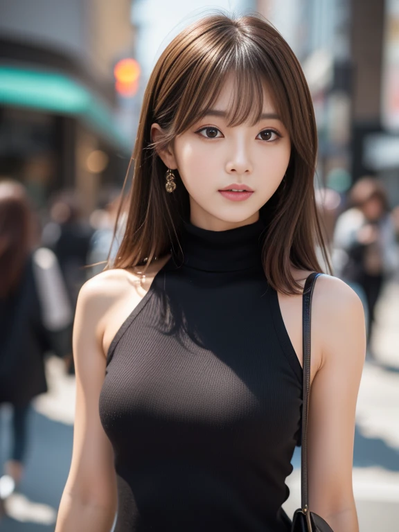Ultra High Definition, Superior Quality, Premier Quality, ultra detailed, Photorealistic, 8k, RAW Photos, highest quality, masterpiece, Attractive girl, Stunning girl, Brown Hair, Shoulder Length Layered, asymmetrical bangs, K-pop Idol, Sophisticated girl, Black knit, Shibuya,