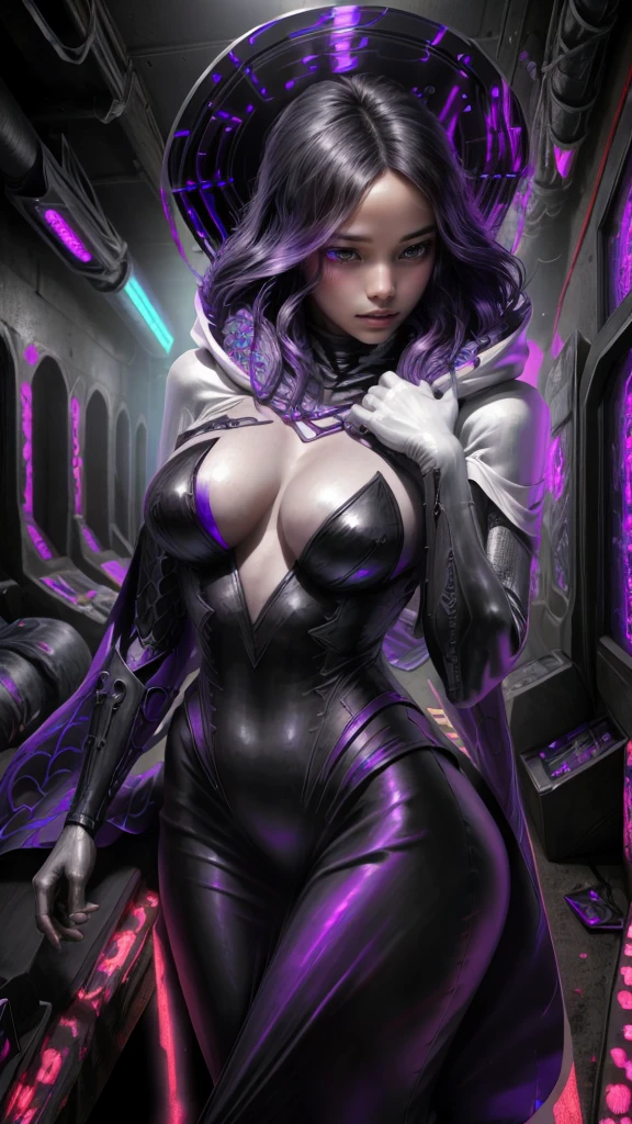 a dark fantasy cyberpunk android woman, 1 girl, highly detailed, hyper realistic, masterpiece, 8k, photorealistic, beautiful detailed eyes, beautiful detailed lips, extremely detailed face, long eyelashes, long white hair, shawl, black coat, glowing purple eyes, expressionless, mecha long skirt, holding a weapon, beautiful necromancer, dark cloaked necromancer, beautiful death, dark witch character, (black purple:1.1), studio lighting, professional, vivid colors, physically-based rendering, extreme detail description