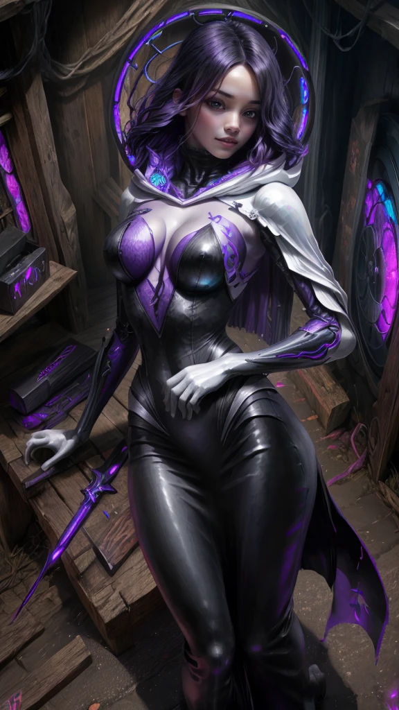 a dark fantasy cyberpunk android woman, 1 girl, highly detailed, hyper realistic, masterpiece, 8k, photorealistic, beautiful detailed eyes, beautiful detailed lips, extremely detailed face, long eyelashes, long white hair, shawl, black coat, glowing purple eyes, expressionless, mecha long skirt, holding a weapon, beautiful necromancer, dark cloaked necromancer, beautiful death, dark witch character, (black purple:1.1), studio lighting, professional, vivid colors, physically-based rendering, extreme detail description