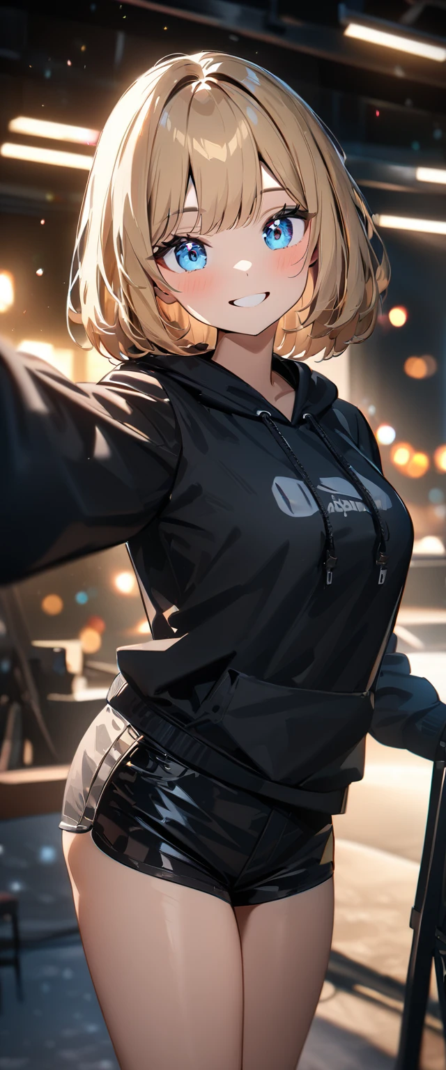 (((One girl))), blond hair, bob cut, (upper body), (looking at viewer), breasts, teenager, head tilt:1.3, (((blue eye))), (from side), arms behind head, ((happy smile)), black hoodie, black shorts, anime style, (best quality, 4k, 8k, highres, masterpiece:1.2, ultra-detailed, ultra-detailed eyes, HDR, UHD, studio lighting, ultra-fine painting, sharp focus, physically-based rendering, extreme detail description, professional, vivid colors, bokeh)