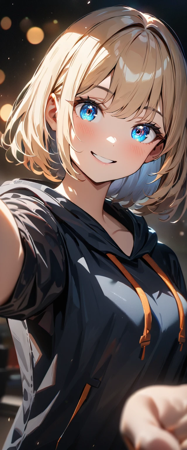 (((One girl))), blond hair, bob cut, (upper body), face in focus, (looking at viewer), breasts, teenager, head tilt:1.3, (((blue eye))), (from side), selfie, reaching, ((happy smile)), black hoodie:1.3, black shorts:1.3, anime style, (best quality, 4k, 8k, highres, masterpiece:1.2, ultra-detailed, ultra-detailed eyes, HDR, UHD, studio lighting, ultra-fine painting, sharp focus, physically-based rendering, extreme detail description, professional, vivid colors, bokeh)