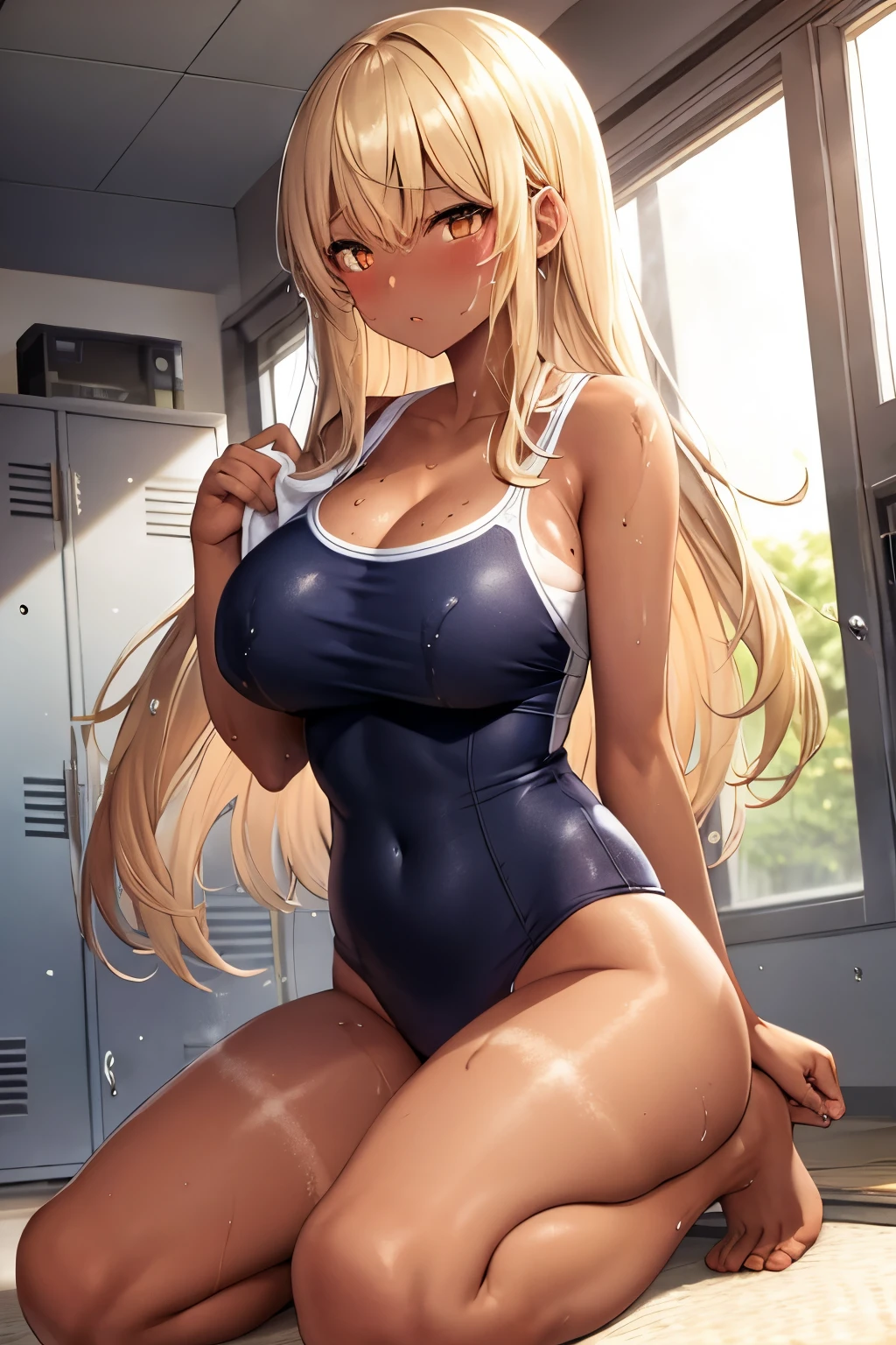 2d，Highest quality，(masterpiece)，(whole body)，Yami-chan，Amber Hair，Berry Berry Long Hair，blonde、(Brown woman)，(Healthy dark skin)，(Sunburn mark)，clavicle，(new school swimwear)，JK，Shining bare feet，barefoot，beautiful。Brown Eyes、Attractive thighs、Large Breasts、lockerルーム、locker、Light coming through the window、Erotic look、Large drops of sweat、Wet hair、Drops are dripping from my hair、Towel in right hand、It&#39； Shortness of breath，Bold Pose