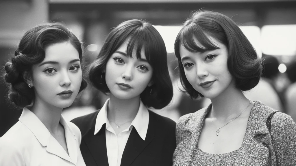 (1970s women:1.3), (1women:1.3), smile shyly, (highly detailed face), (extremely detailed beautiful face), (Early Showa hairstyle, retro hairstyle, 1940 fashionable clothing, oldies fashion:1.3), (Best Quality:1.4), (Ultra-detailed), extremely detailed CG unified 8k wallpaper, Realistic portrait, Beautiful detailed, High-definition raw color photos, professional photography, (fine face:1.2), focus on women, (oldies, oldies songs, Old photos, retro photos, sepia photos, black and white photos, valuable photos that give you a sense of the times), A scene from a retro movie from the 1970s,