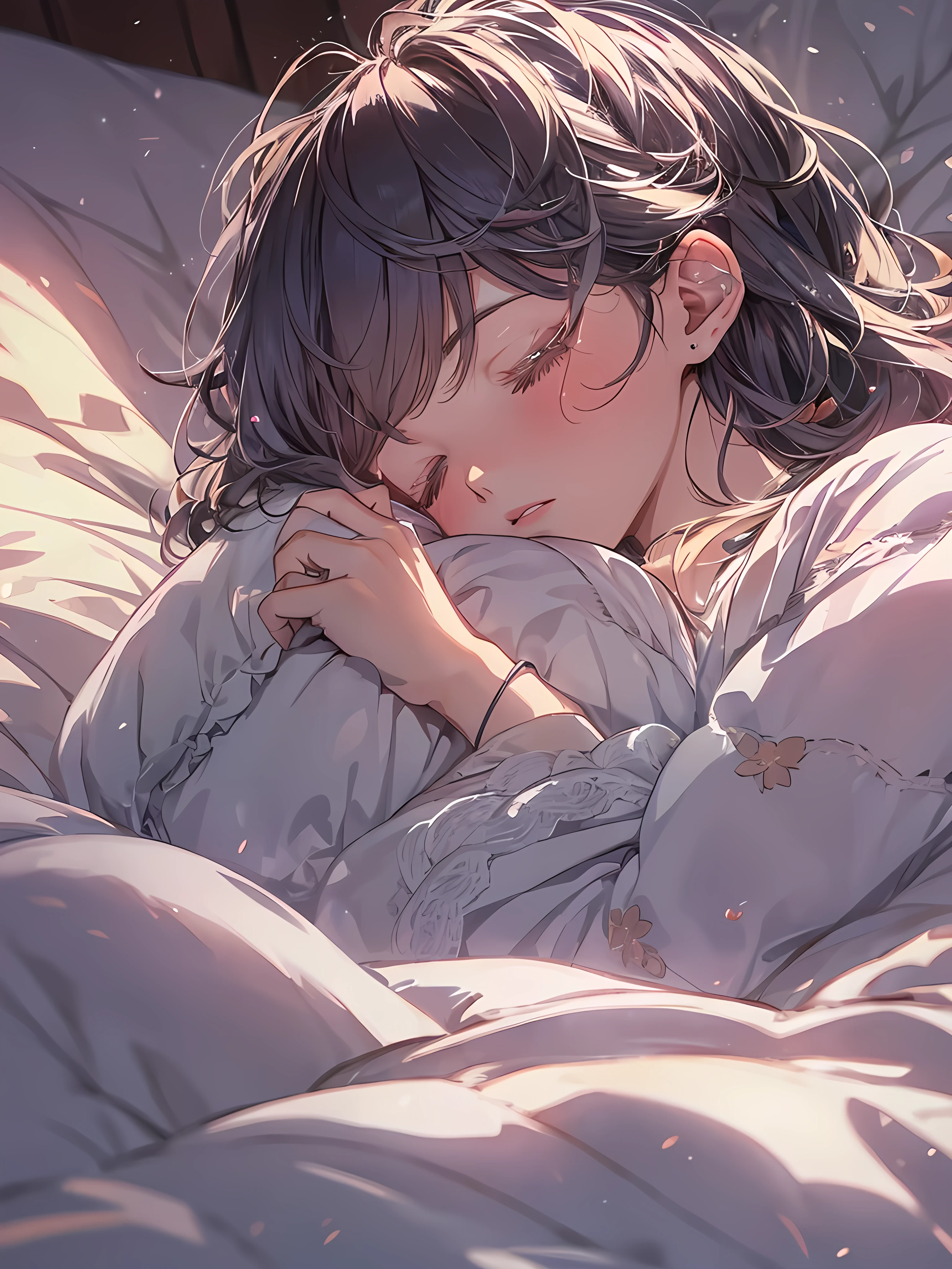 beautiful young girl, anime style, detailed face, wearing light and comfortable sleepwear, lying in bed, ready to sleep, soft and comfortable bedding, peaceful expression, dim and calming bedroom lighting, serene atmosphere, Japanese anime style, high quality, highly detailed, 8k resolution, cinematic lighting, best quality, vibrant colors, Instagrammable, aesthetic, trendy, hair color and style are vibrant and unique、セクシー