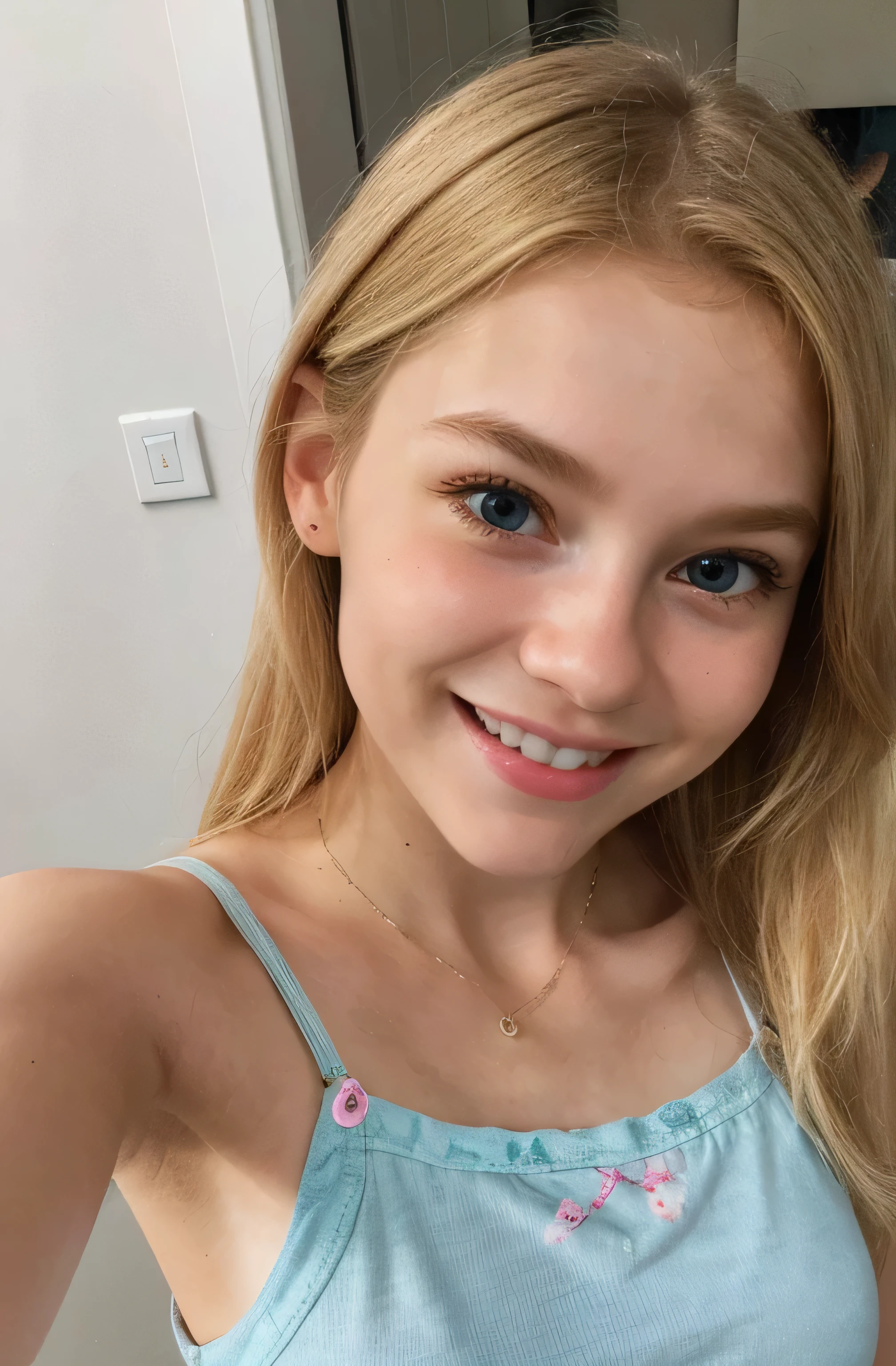 create ultrarealistic, hyperdetailed, anatomically correct 12 year young girl (blonde, cute, innocent, flat-chested, petite) selfie from hand, girly clothes, happy, smiling,