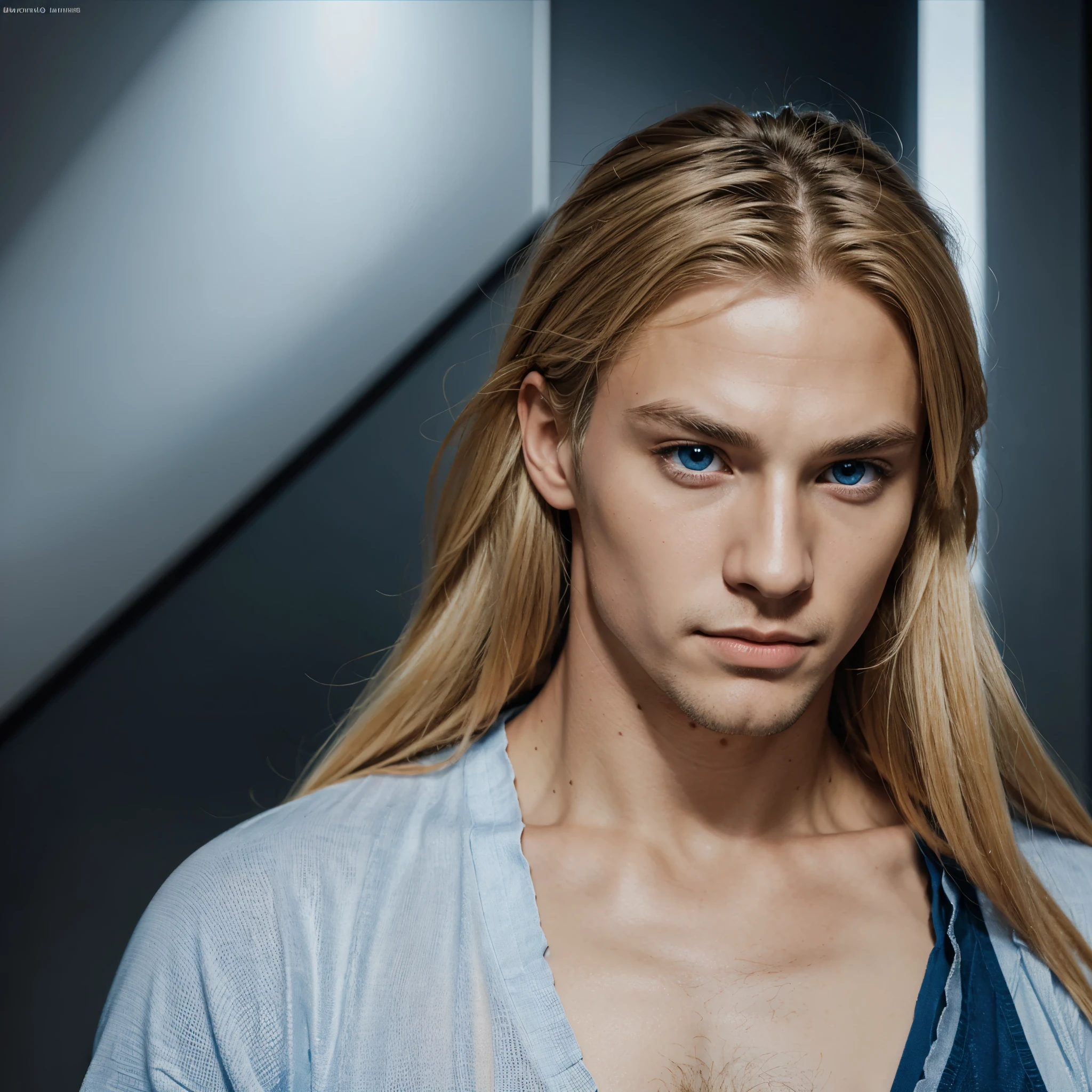German man, blue eyes, blonde long middle parted hair, handsome, sharp jawline, manga art style ultra detailed