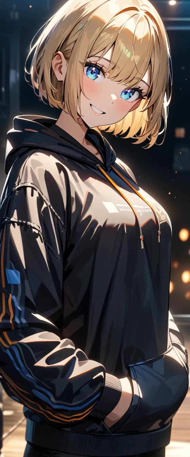 (((One girl))), blond hair, bob cut, (upper body), (looking at viewer), breasts, teenager, head tilt:1.3, (((blue eye))), (from side), hand in pocket, ((happy smile)), black hoodie, black shorts, anime style, (best quality, 4k, 8k, highres, masterpiece:1.2, ultra-detailed, ultra-detailed eyes, HDR, UHD, studio lighting, ultra-fine painting, sharp focus, physically-based rendering, extreme detail description, professional, vivid colors, bokeh)