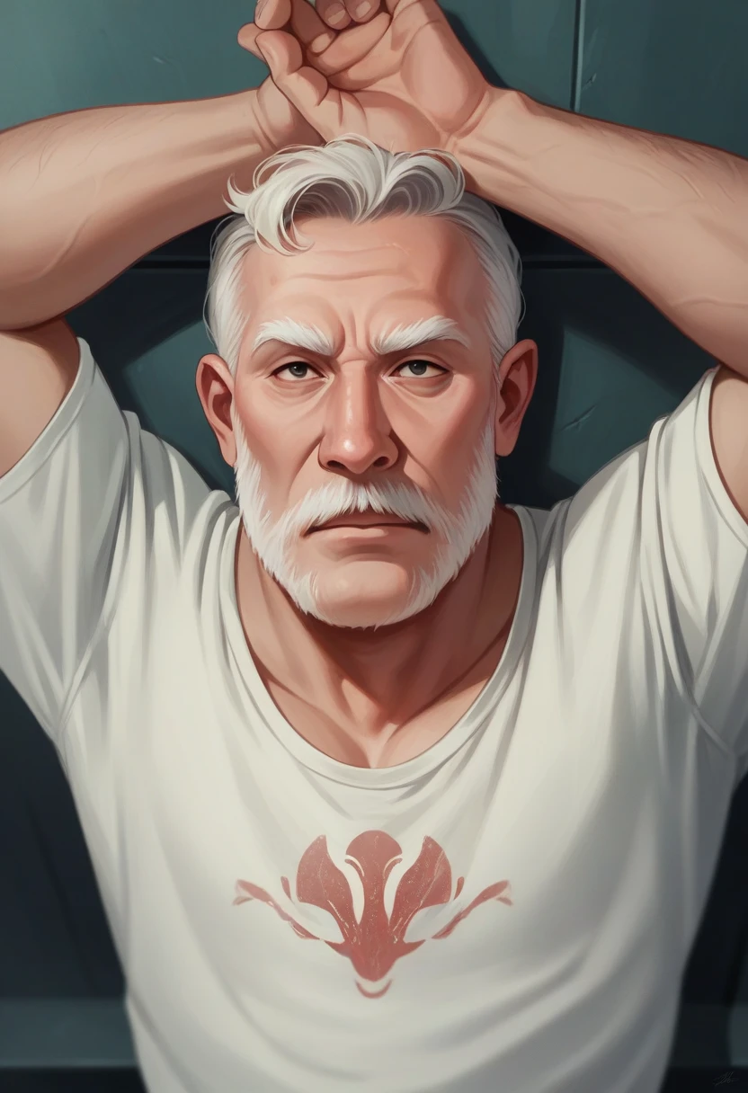 Create a realistic image of a 50-year-old man. With an alien shirt. Above his head a spaceship ovini. Cinematic image, 4k quality
