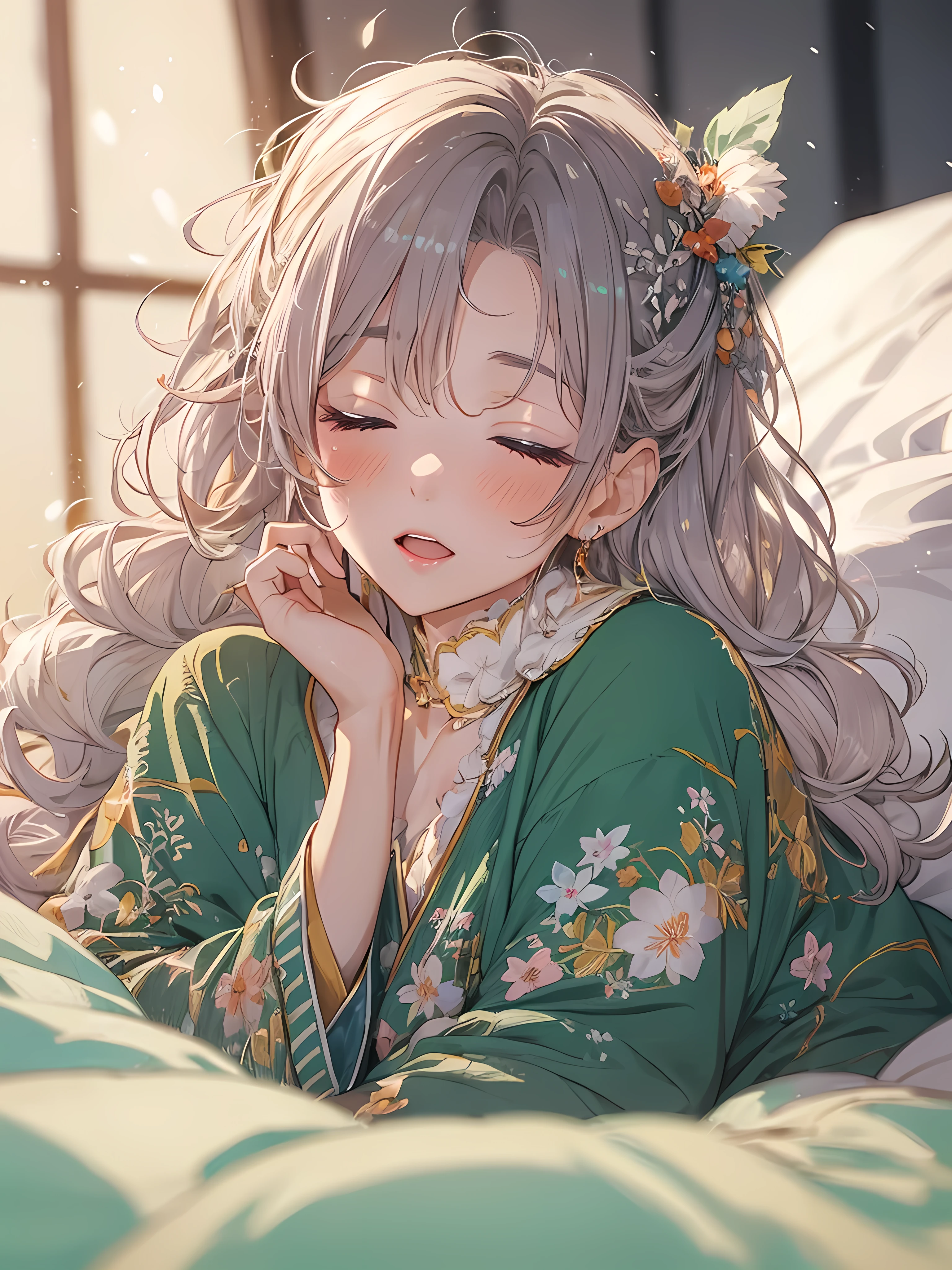 beautiful young girl, anime style, detailed face, wearing light and comfortable sleepwear, lying in bed, ready to sleep, soft and comfortable bedding, peaceful expression, dim and calming bedroom lighting, serene atmosphere, Japanese anime style, high quality, highly detailed, 8k resolution, cinematic lighting, best quality, vibrant colors, Instagrammable, aesthetic, trendy, hair color and style are vibrant and unique、セクシー