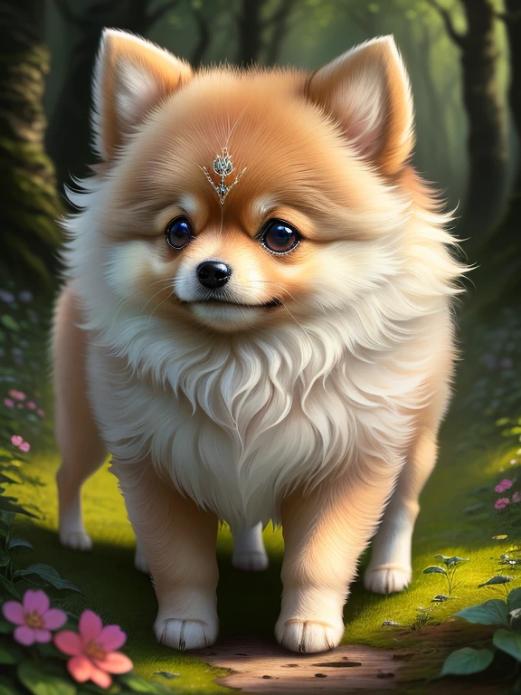 Close-up of a Pomeranian puppy, brown, Fluffy fur,In a very pretty forest, (Kinesiology: 1.2), Intricate details (Art Station: 1.3),