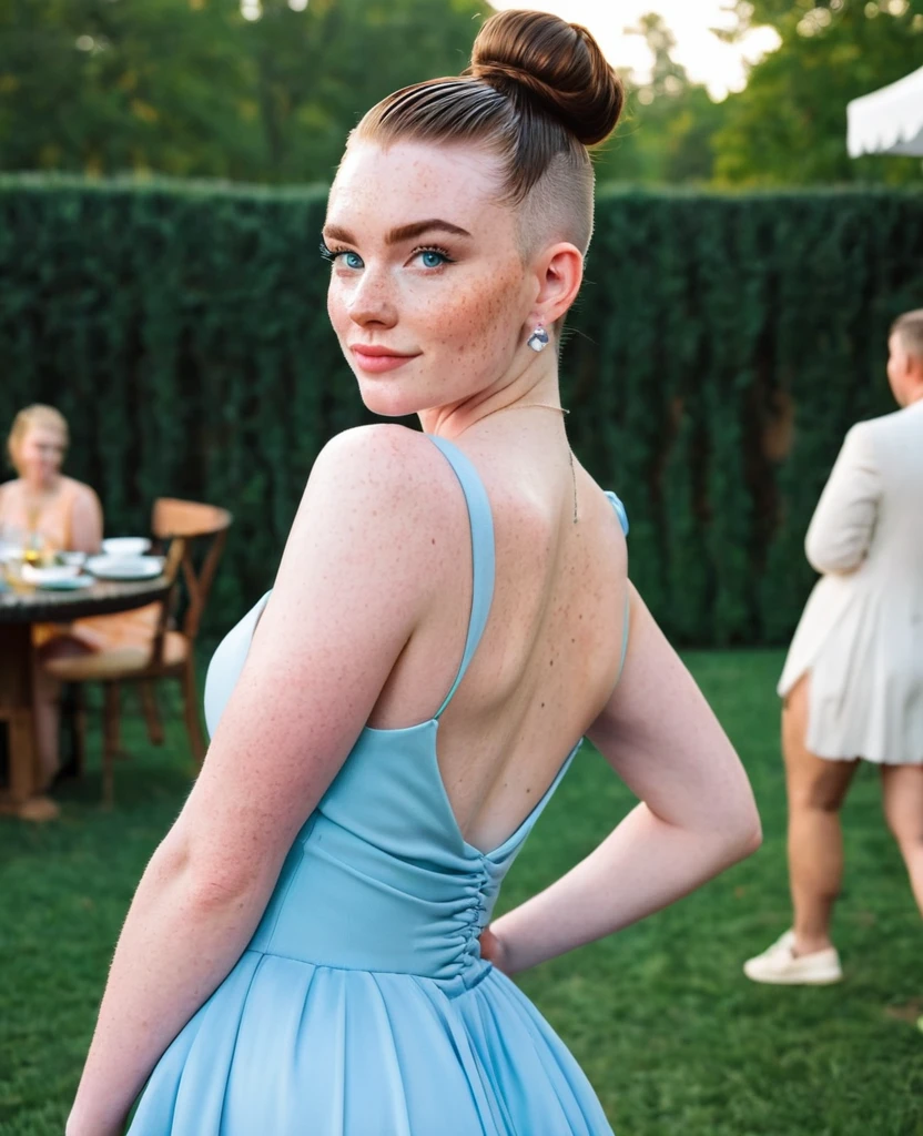 Muscular college girl with large breast and a large butt, blue eyes, pale skin and freckles with her hair in a bun and both sides of her head shaved posing for a picture at an outdoor cocktail party wearing a long cocktail dress
