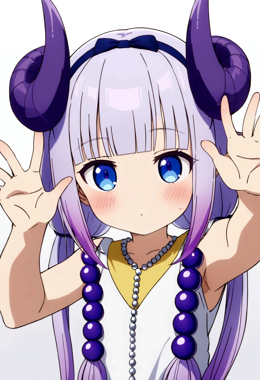 best quality, masterpiece, highres, solo, {kanna_kamui_kobayashisanchinomaidragon:1.15}, long_hair, light_purple_hair, blue_eyes, hair_ornament, bangs, blush, multicolored_hair, twintails, blunt_bangs, hair_beads, beads, hairband, gradient_hair, low_twintails, horns, dragon_horns, purple_hair, 1girl, anime_coloring, bow,Young girl, reaching out to us Pose,Short stature, childish figure