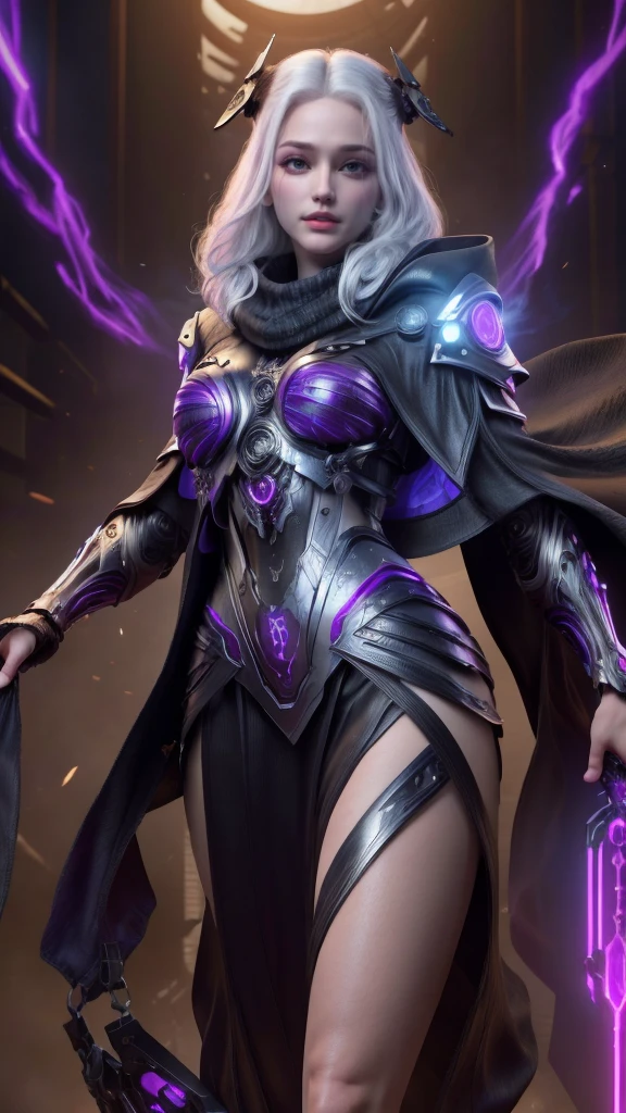 a dark fantasy cyberpunk android woman, 1 girl, highly detailed, hyper realistic, masterpiece, 8k, photorealistic, beautiful detailed eyes, beautiful detailed lips, extremely detailed face, long eyelashes, long white hair, shawl, black coat, glowing purple eyes, expressionless, mecha long skirt, holding a weapon, beautiful necromancer, dark cloaked necromancer, beautiful death, dark witch character, (black purple:1.1), studio lighting, professional, vivid colors, physically-based rendering, extreme detail description