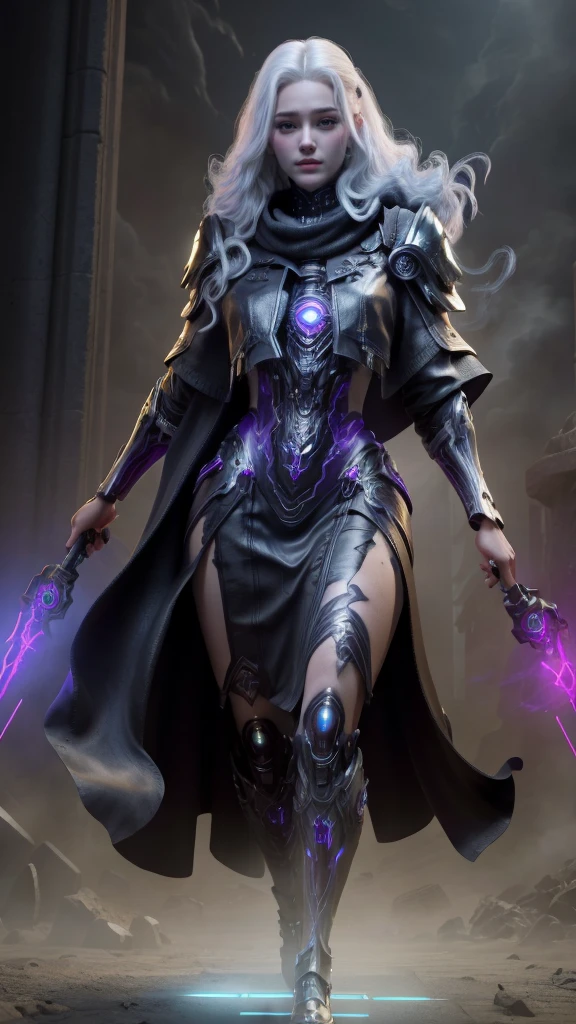 a dark fantasy cyberpunk android woman, 1 girl, highly detailed, hyper realistic, masterpiece, 8k, photorealistic, beautiful detailed eyes, beautiful detailed lips, extremely detailed face, long eyelashes, long white hair, shawl, black coat, glowing purple eyes, expressionless, mecha long skirt, holding a weapon, beautiful necromancer, dark cloaked necromancer, beautiful death, dark witch character, (black purple:1.1), studio lighting, professional, vivid colors, physically-based rendering, extreme detail description