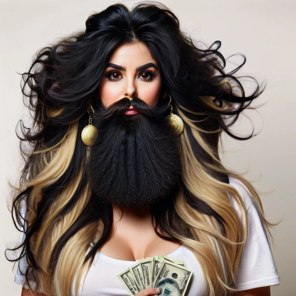 white woman beard fluff, big nose, makeup, black hair tied back, wears huge shaggy, thick and neat beard, black eyes, seductive and proud look, large golden earrings, holds dollar bills