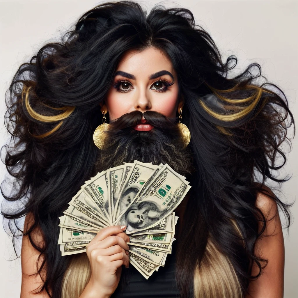 white woman beard fluff, big nose, makeup, black hair tied back, wears huge shaggy, thick and neat beard, black eyes, seductive and proud look, large golden earrings, holds dollar bills