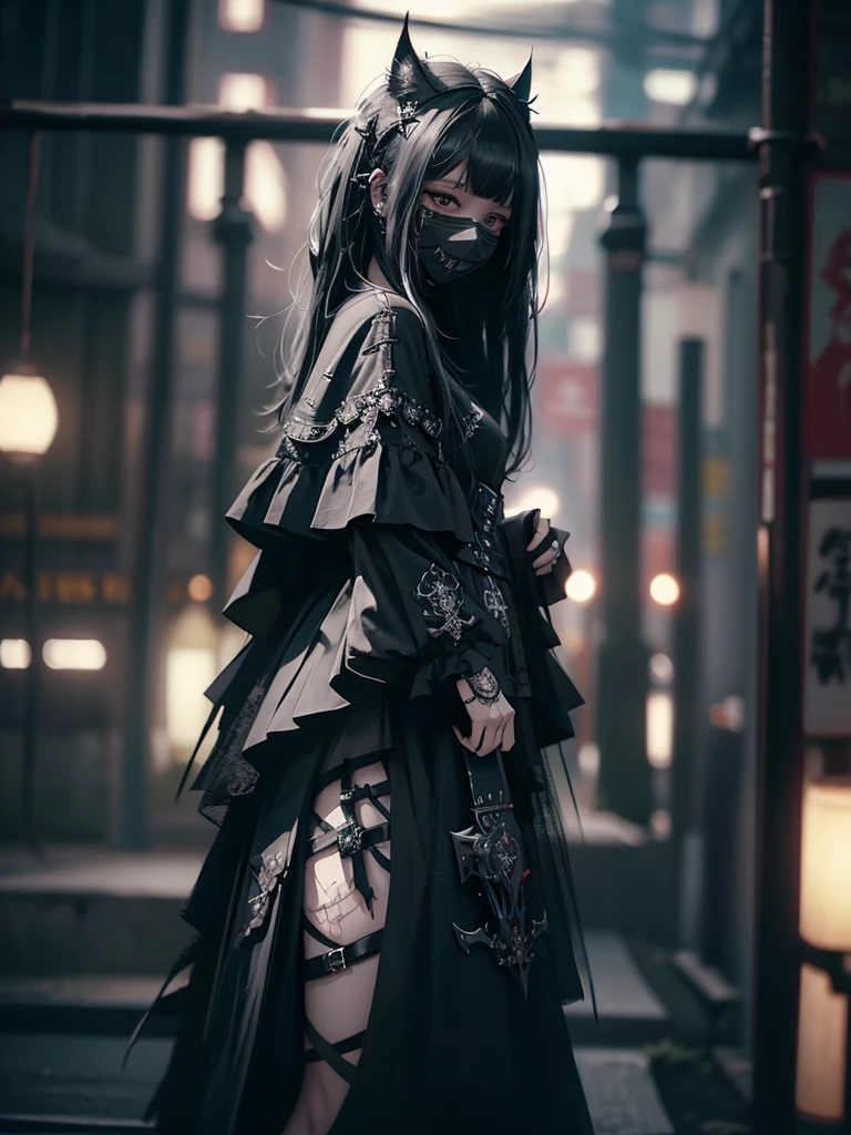 Highest quality、8K、masterpiece:1.3、Gothic Punk、The inside color is red、Black-haired、hair ornaments、Beautiful girl、creative、Dark Fantasy Style、Neogoth、Goth Fashion:1.2、High resolution、masterpiece、Highest quality、頭w:1.3、((Hasselblad Photos))、Fine skin、Sharp focus、(Cinematic lighting)、Realistic textured hair、((Black Mask)),Esbian all over、((View from below))