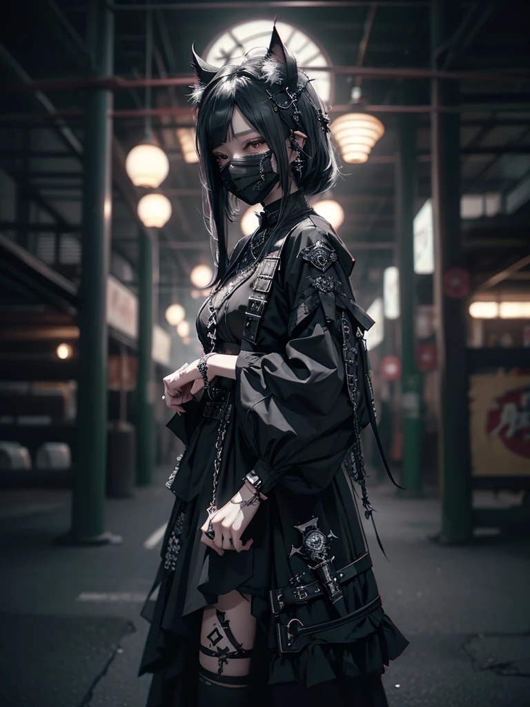 Highest quality、8K、masterpiece:1.3、Gothic Punk、The inside color is red、Black-haired、hair ornaments、Beautiful girl、creative、Dark Fantasy Style、Neogoth、Goth Fashion:1.2、High resolution、masterpiece、Highest quality、頭w:1.3、((Hasselblad Photos))、Fine skin、Sharp focus、(Cinematic lighting)、Realistic textured hair、((Black Mask)),Esbian all over、((View from below))