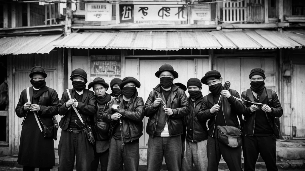 1930s, monochrome photography, A group of robber gang in Southeast Asia, large amount of bills, mouth and nose covered with a black bandana, ((black bandana)), 32K, Best quality, Masterpiece, super detail, High Details,