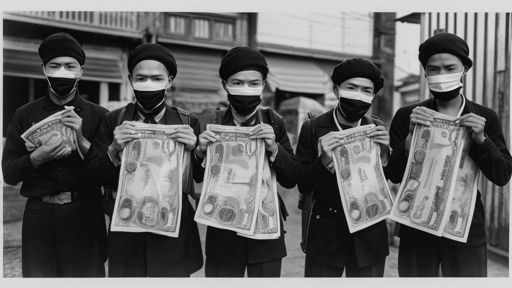 1930s, monochrome photography, A group of robber gang in Southeast Asia, stacked wad of bills, mouth and nose covered with a black bandana, ((black bandana)), 32K, Best quality, Masterpiece, super detail, High Details,