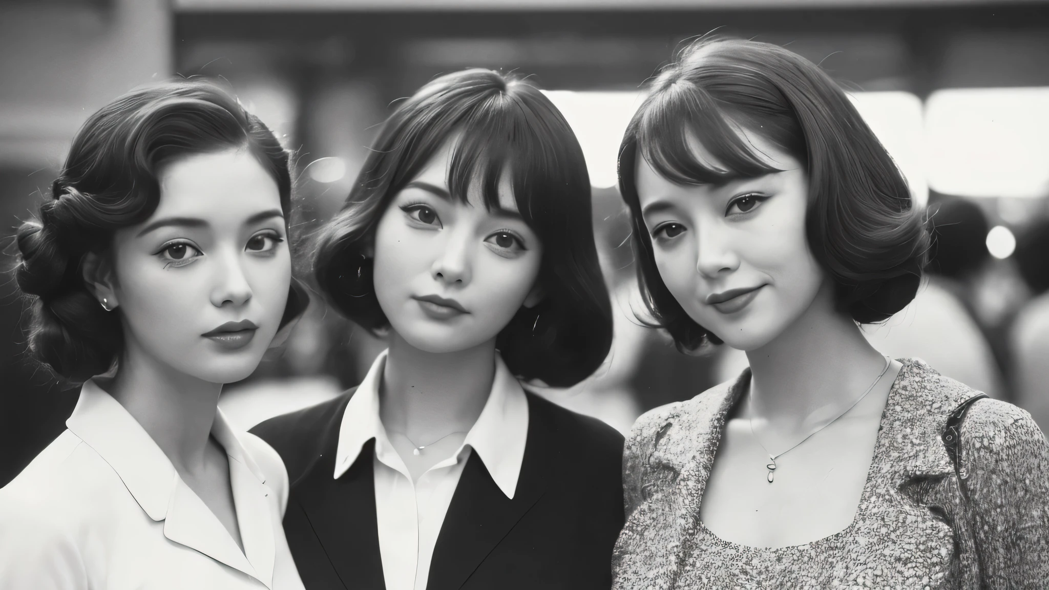 (1970s women:1.3), (1women:1.3), smile shyly, (highly detailed face), (extremely detailed beautiful face), (Early Showa hairstyle, retro hairstyle, 1940 fashionable clothing, oldies fashion:1.3), (Best Quality:1.4), (Ultra-detailed), extremely detailed CG unified 8k wallpaper, Realistic portrait, Beautiful detailed, High-definition raw color photos, professional photography, (fine face:1.2), focus on women, (oldies, oldies songs, Old photos, retro photos, sepia photos, black and white photos, valuable photos that give you a sense of the times), A scene from a retro movie from the 1970s,