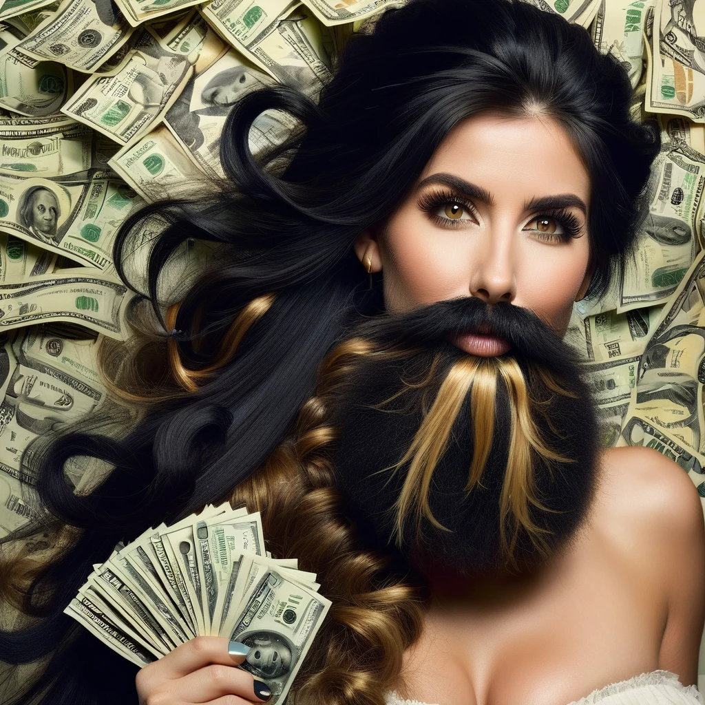 white woman beard fluff, big nose, makeup, black hair tied back, wears huge shaggy, thick and neat beard, black eyes, seductive and proud look, large golden earrings, holds dollar bills