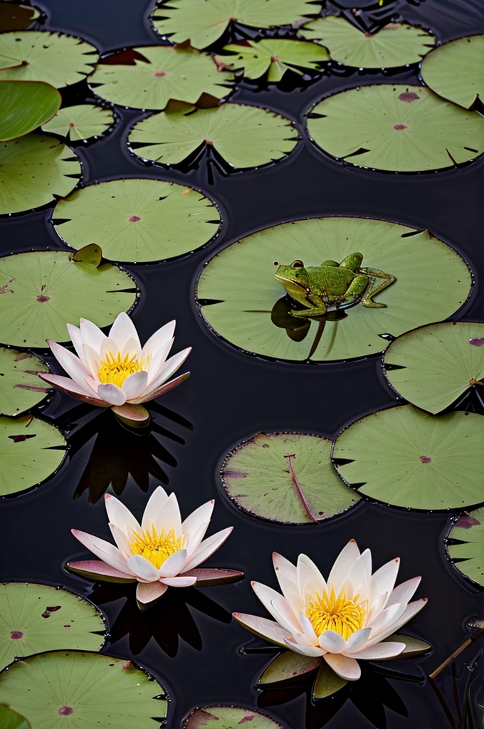Thumbelina and a frog float through a swamp on a water lily
