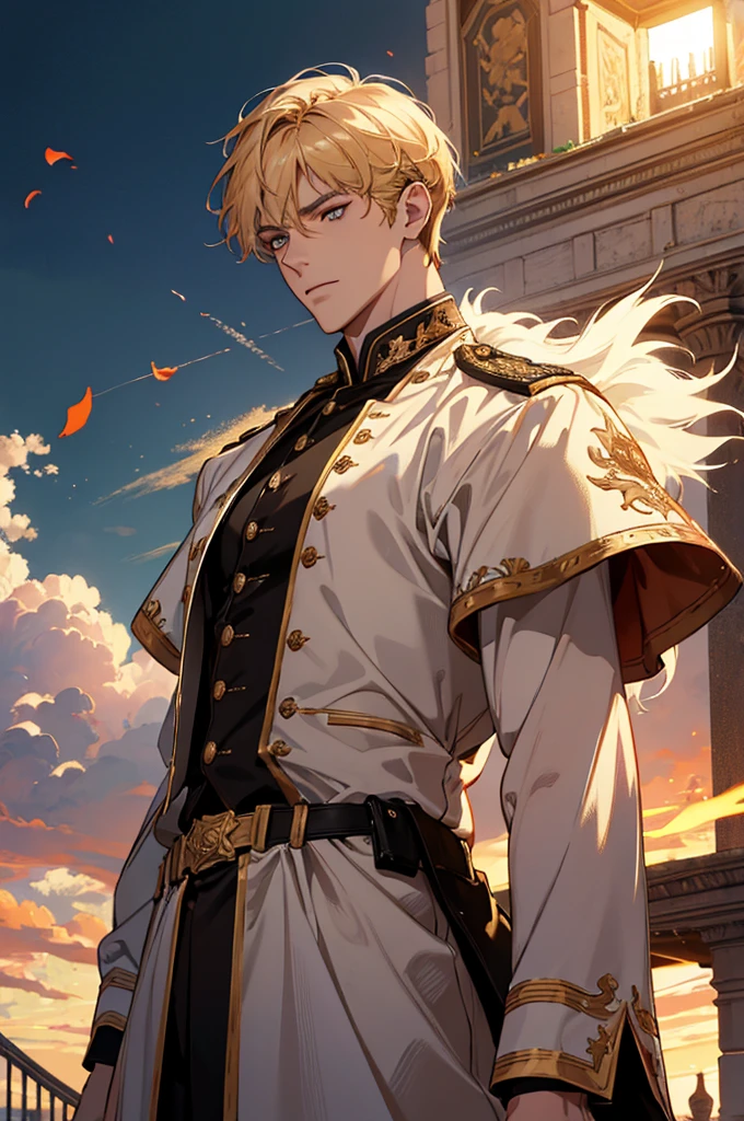 (absurdres, highres, ultra detailed), 1 male, adult, handsome, tall muscular guy, broad shoulders, finely detailed eyes and detailed face, fantasy, dark theme, cinematic lighting, colorful, portrait, flying petal, Flowery meadow, cloudy sky, building, sun, light, dutch angle, cowboy shot, golden hair, burning, golden flames, white and red uniform, short hair, standing in front of sun