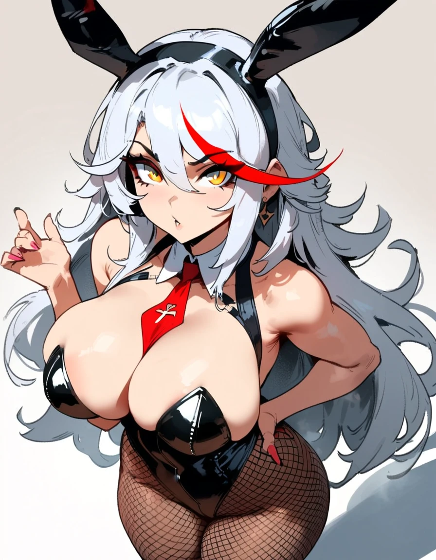 1girl, aegir \(azur lane\), azur lane \\\\\ masterpiece, best quality, very aesthetic, absurdres, newest \\\\\\ sportive body, \\\\\\ by nyantcha,,by cutesexyrobutts,by khyle ///// white hair with a single prominent red streak, black horns, yellow eyes, \\\\\\ bunnysuit,standing, fishnet stockings , big tits