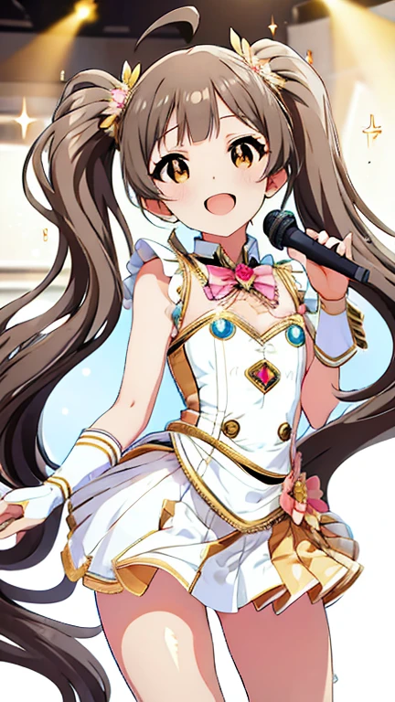 masterpiece, best quality, 4k, caustics, high details, sparkle, front view, solo live, 1girl, ****ta, twin tails, ahoge, flaxen color hair, straight bangs, (gold color eyes), droopy eyes, sparkling eyes, flat chest, small breasts, slender, super happy smile, open mouth, extreamely detailed background, live stage, neon light, many audience, cute idol dress, light pink costume, mini skirt, thigh-high socks, boots, hold the microphone in your hand, sing a song, singing, illuminated by a spotlight, Backlit