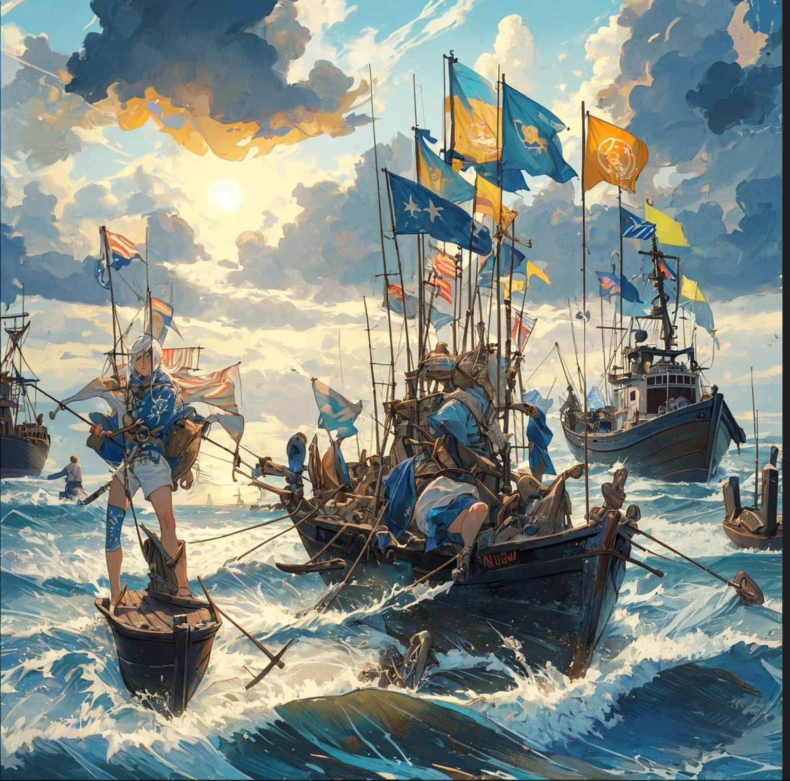 fishermen standing on fishing boats, festivals, flags,Blue Coast, beach, by Bill_Brauer, best quality, masterpiece, very aesthetic, perfect composition, intricate details, ultra-detailed